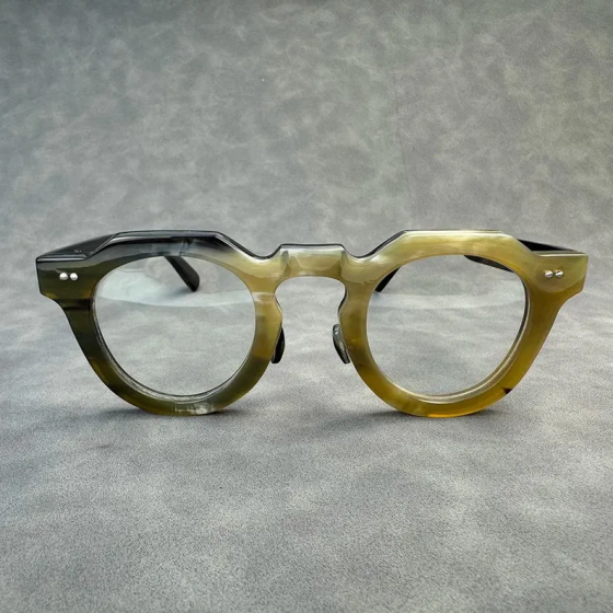 Handmade Natural Horn Panto Shape Glasses Frames: Rivet Detail, Unisex
