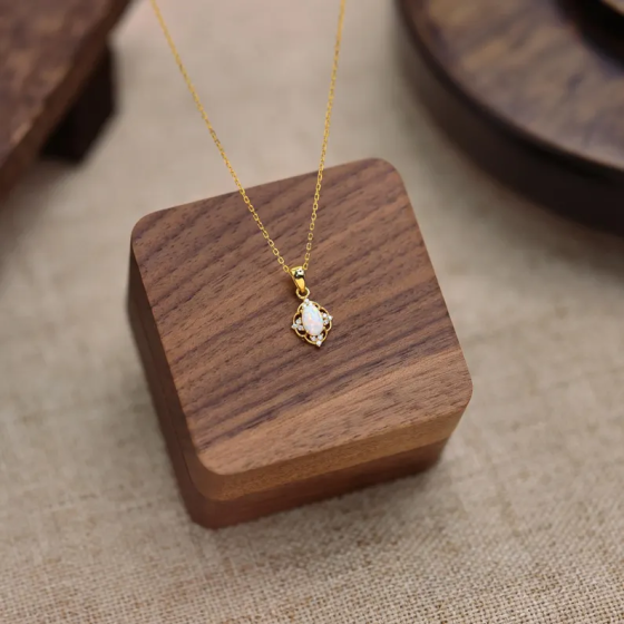 Sterling Silver Opal Necklace – Vintage Natural Opal – 18K Gold Plated Pendant Necklace – Christmas Gift for Her, Mom or Daughter